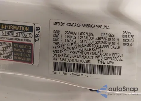 2019 Acura Rdx Standard z USA, uszkodzony, nr VIN 5J8TC2H32KL038363